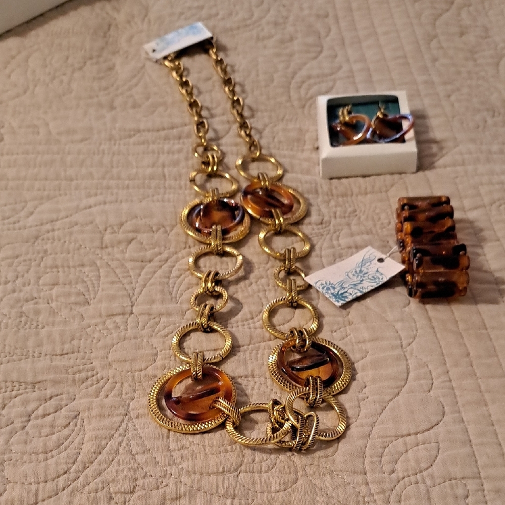 Gold and Brown Chain Necklace with Matching Earrings